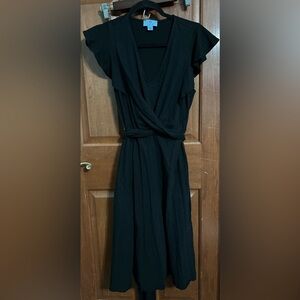 CeCe‎ Black Wraparound Belted Dress with Flutter Sleeves Womens Size Large